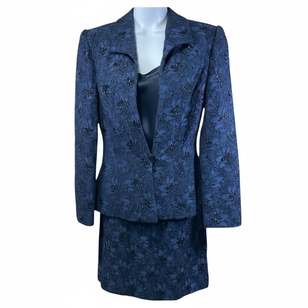 Carmen Marc Valvo Navy Floral Skirt Set